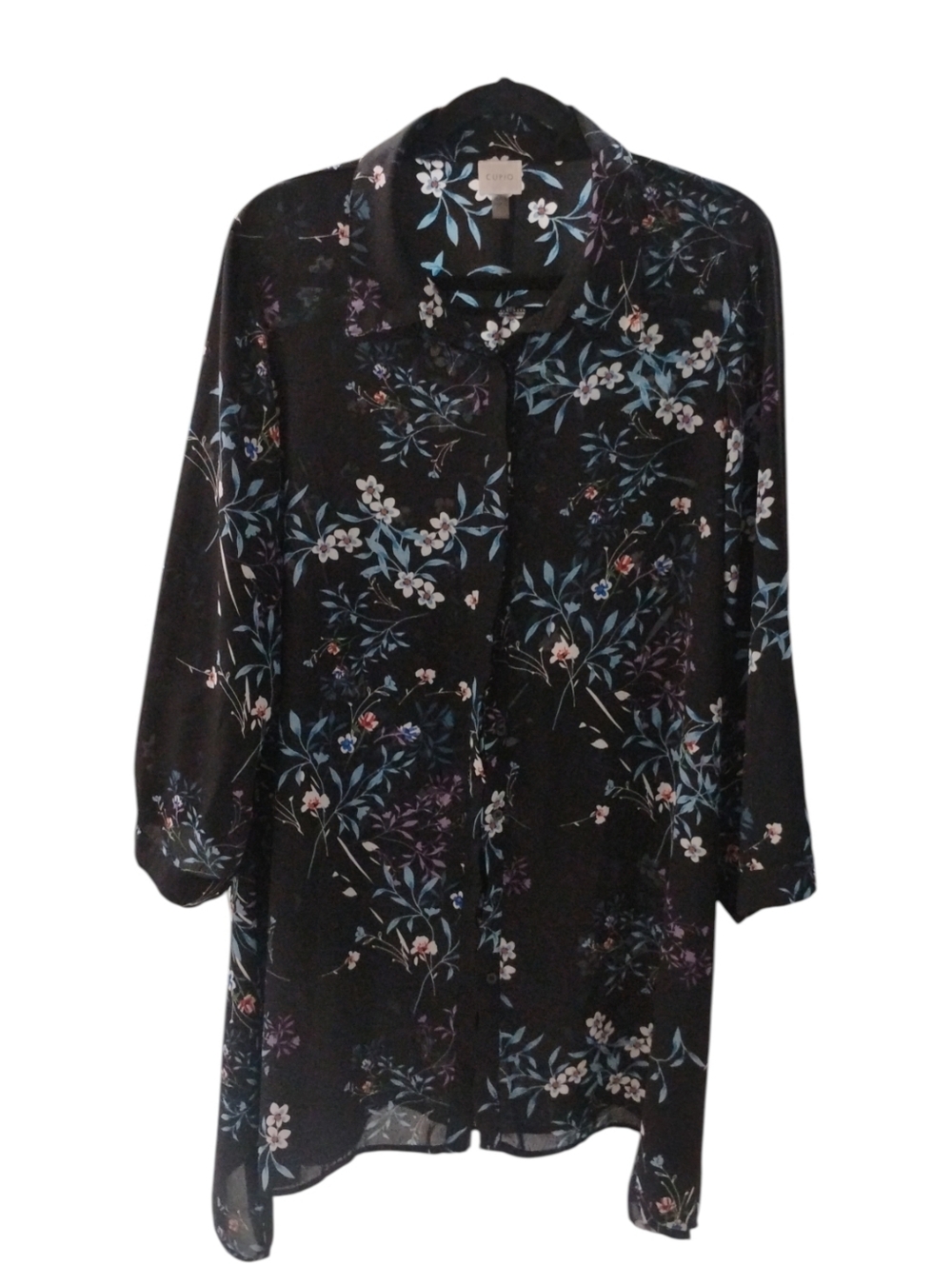 Cupio Black Floral Button-Up Tunic Shirt Dress Hi Lo SZ XL ❤️